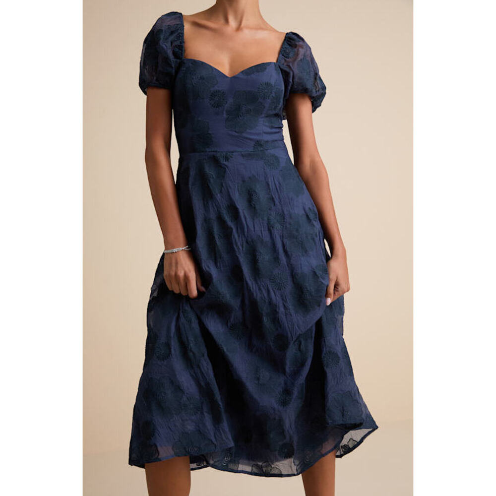 Lulus Sweetest Behavior Navy Embroidered Puff Sleeve Midi Dress Blue - Size L